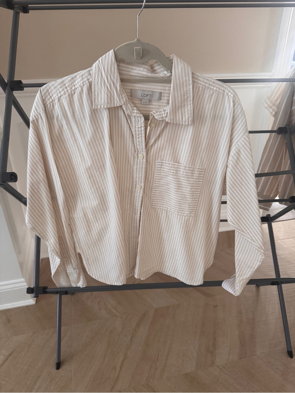 LOFT Wo Beige & White Stripe Button-Up Shirt